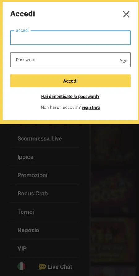 Schermata di accesso Zet Casino con username e password