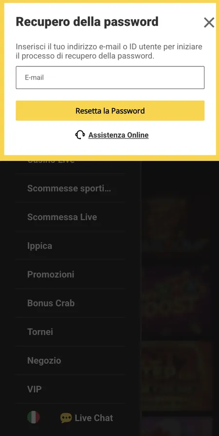 Modulo recupero password Zet Casino