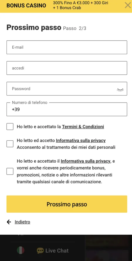 Modulo di registrazione Zet Casino passo 2 di 3